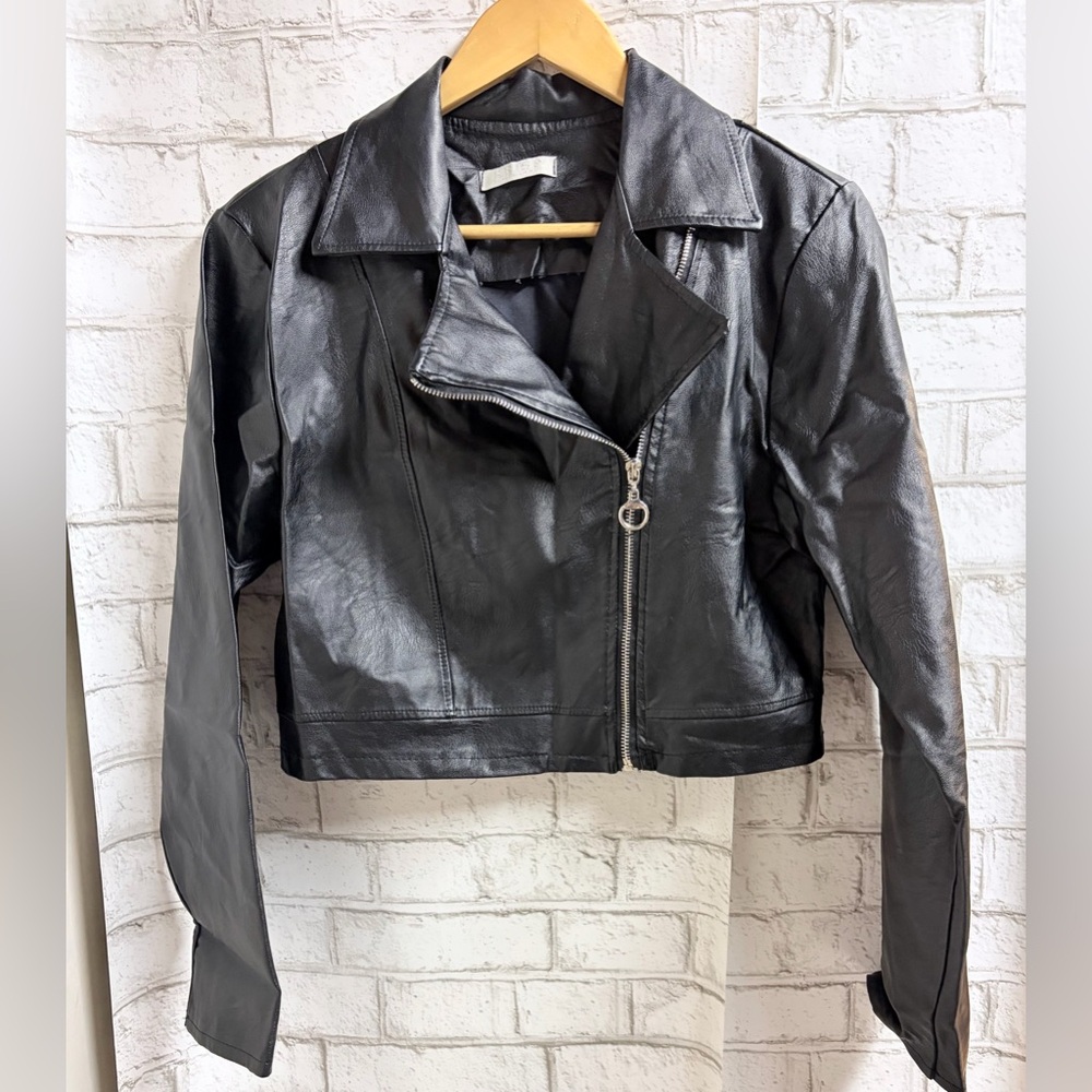 Cropped Black Vegan Faux Leather Biker Jacket - Women's Moto Style